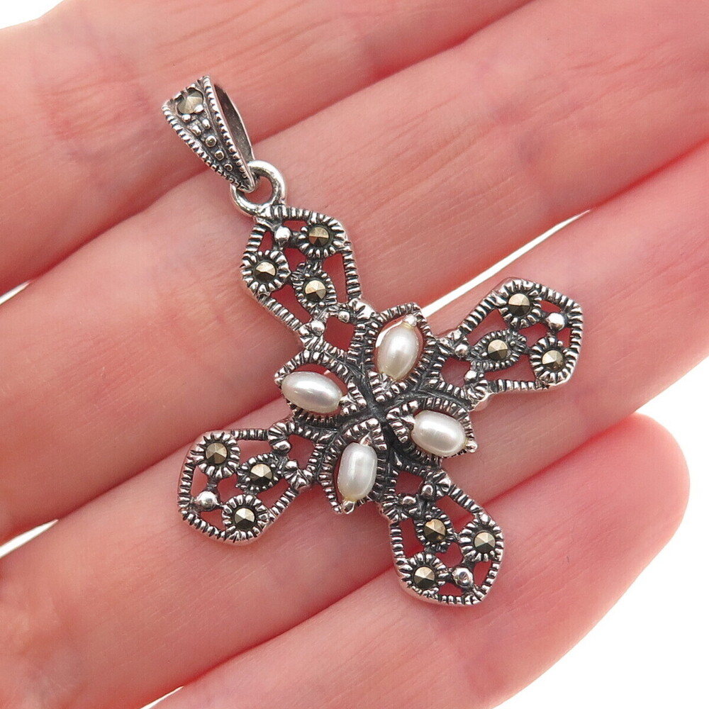 925 Sterling Silver Vintage Real Pearl & Marcasite Cross Oxidized Charm Pendant
